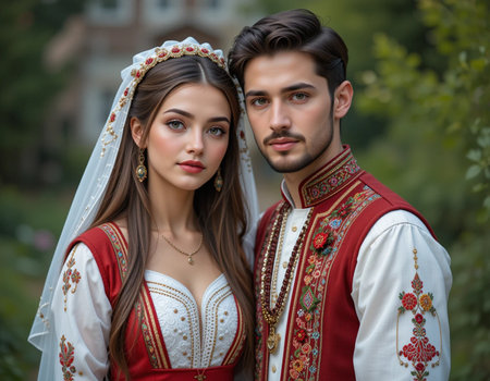 Portrait of a beautiful young couple in traditional Ukrainian clothesの素材