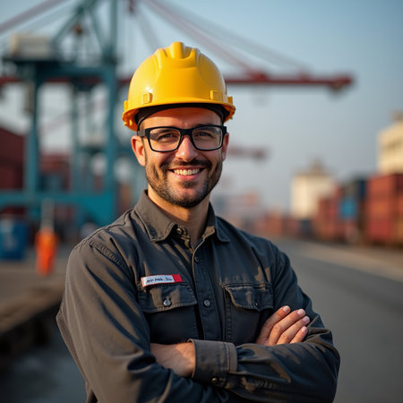 Portrait of a smiling worker wearing safety helmet and glasses standing with arms crossed at shipping portの素材