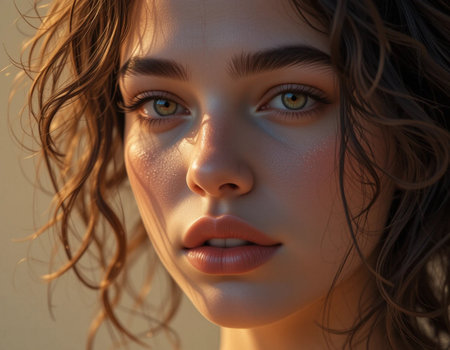 Close-up portrait of a beautiful young woman with wet hair.の素材