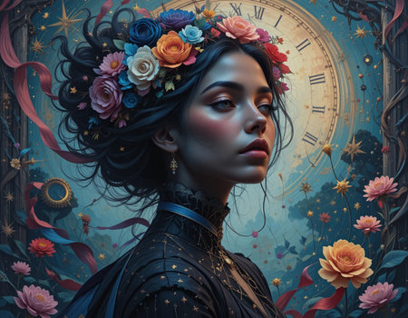 3d illustration of a beautiful girl with flowers in her hair.の素材