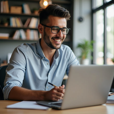 Smiling young businessman in eyeglasses using laptop while working in officeの素材