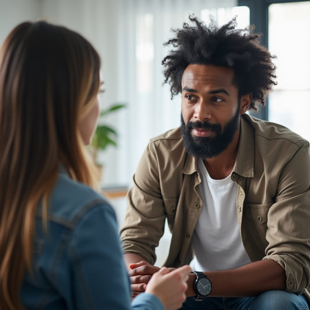 african american man talking to psychologist during therapy session in officeの素材