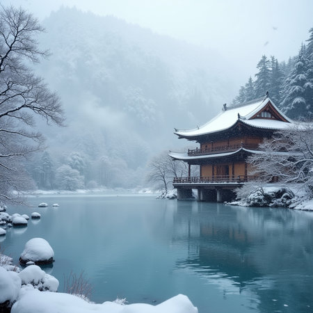 Winter landscape of Ginkgoji Temple and lake in Kyoto, Japanの素材