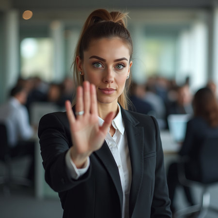 Portrait of a businesswoman making stop gesture with her hand.の素材