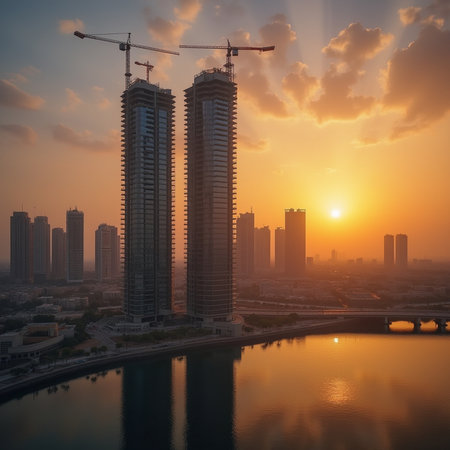 Aerial view of skyscrapers under construction in Dubai, UAEの素材