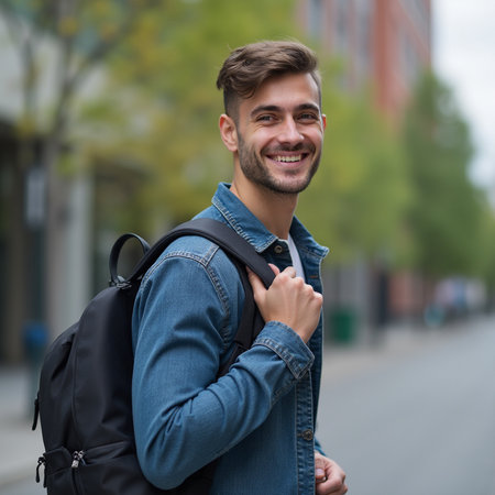 Portrait of a handsome young man with a backpack in the cityの素材