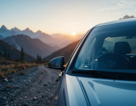 car on the road at sunset in the mountains, travel and adventure conceptの素材