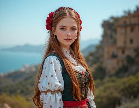 Portrait of a beautiful girl in a folk costume on the background of the seaの素材