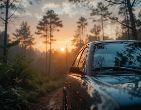 Car on the road in the pine forest at sunrise or sunset.の素材