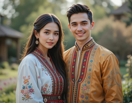 Portrait of young Asian couple in traditional clothes at countryside.の素材