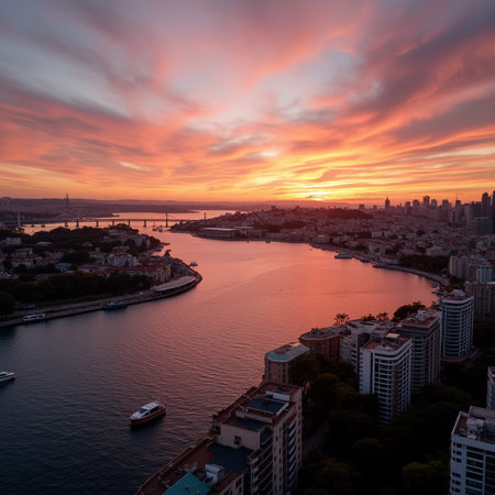 Aerial view of the Bosphorus Strait at sunset, Istanbul, Turkeyの素材
