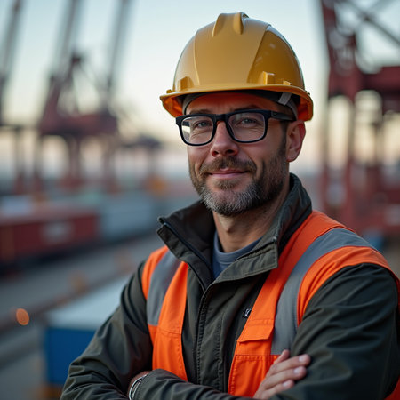 Portrait of a smiling port worker wearing safety helmet and glasses.の素材
