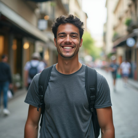Portrait of handsome young man with backpack walking in the city.の素材