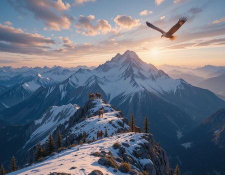 Mountain landscape with eagle at sunset. Zermatt, Switzerlandの素材