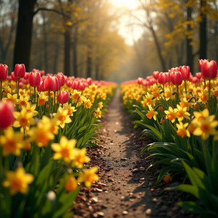 Daffodils and tulips in the spring park. Hollandの素材