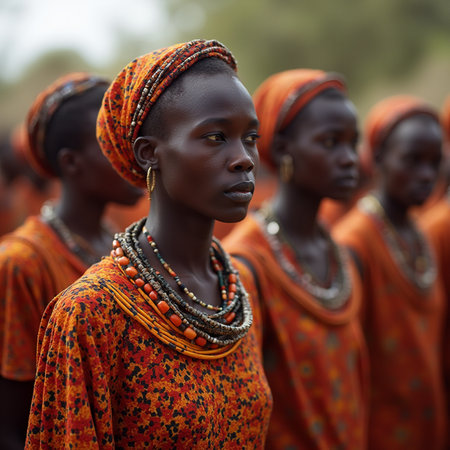 Unidentified Togolese women in orange clothes at the Lome fetish market. Togo people suffer from poverty due to the bad economyの素材