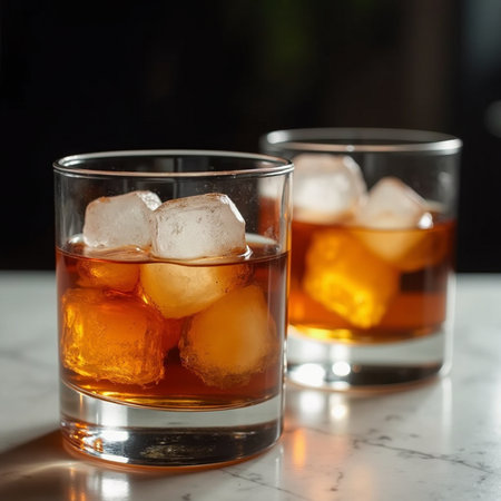 whiskey with ice cubes on a white marble table and black backgroundの素材