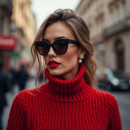 Fashionable young woman in red sweater and sunglasses on the streetの素材