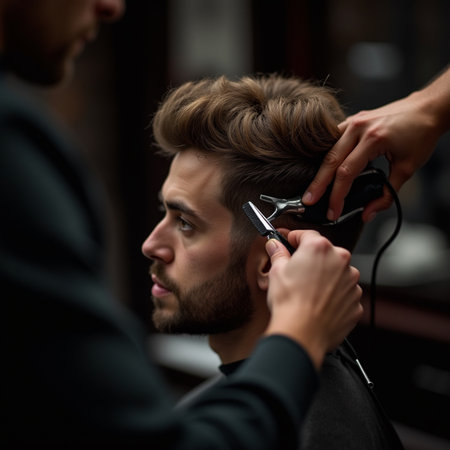 Hairdresser trimming man's hair in barbershopの素材
