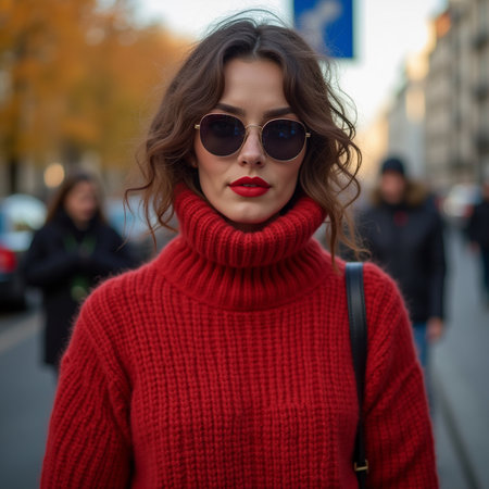 Young beautiful brunette woman in red sweater and sunglasses on the streetの素材