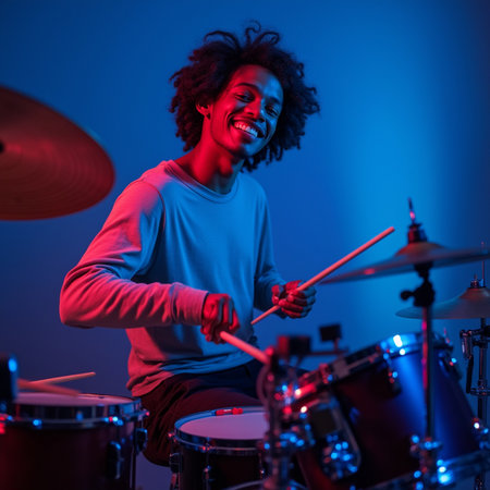 Young african american man playing drums on blue background in neon lightの素材