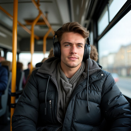 Young man with headphones listening to music on the bus. Portraitの素材