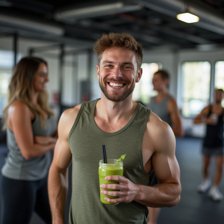 Portrait of smiling man holding glass of green smoothie in fitness studioの素材