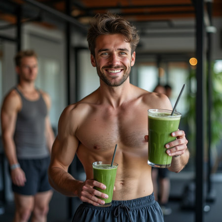 Portrait of a smiling young man holding a green smoothie in a gymの素材