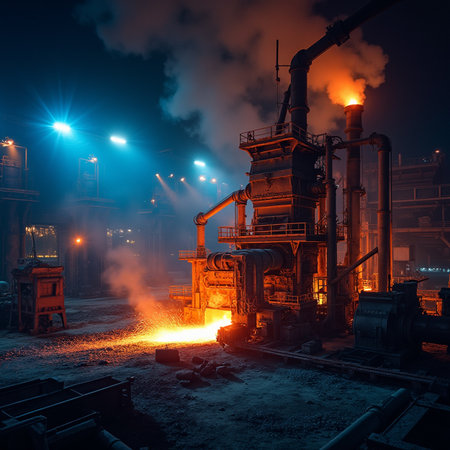 Heavy industry in a metallurgical plant at night. Heavy industry.の素材