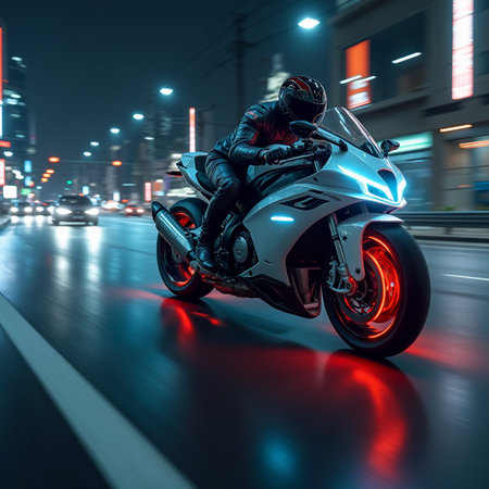 Motorcycle rider on the road at night. 3d rendering.の素材