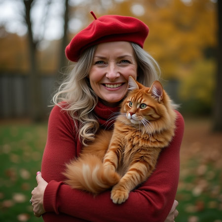Woman in red coat and beret with ginger cat in autumn parkの素材