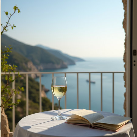 A glass of white wine on the balcony overlooking the sea and mountainsの素材