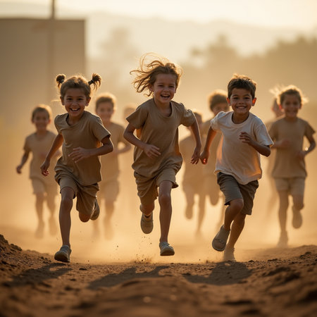 Group of happy children running on a dusty road in the countryside.の素材