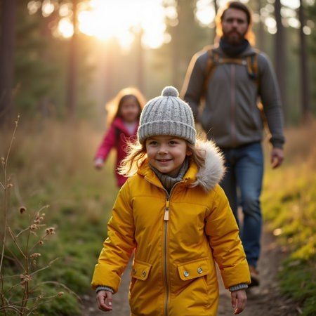 Happy family walking in autumn forest. Father, mother and daughter spending time together.の素材