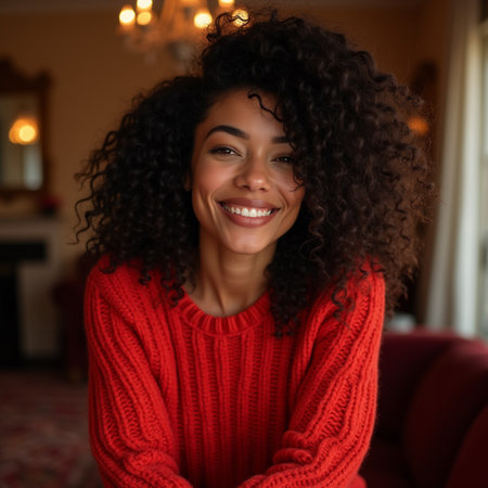 Portrait of a beautiful young woman with curly hair smiling at the cameraの素材
