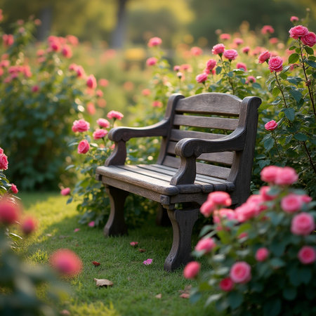 Wooden bench in the garden with pink roses on the background.の素材