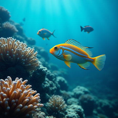 Underwater scene with tropical fish and corals. 3d renderingの素材