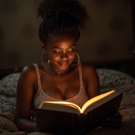 Young african american woman reading a book in bed at nightの素材