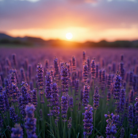 Sunset over lavender field in Provence, France.の素材