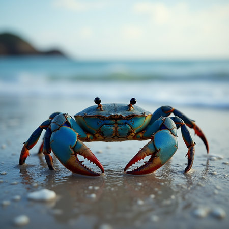 Blue crab on the beach. Close-up. Selective focus.の素材