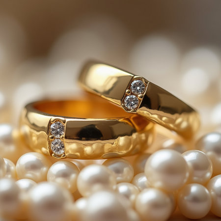 Wedding rings on a background of pearls close-upの素材
