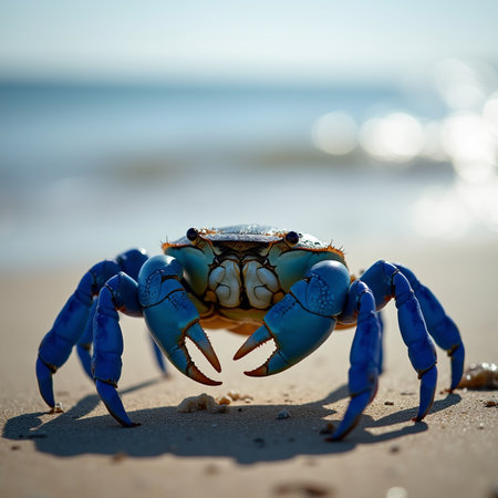 Blue crab on the beach. Close-up. Selective focus.の素材