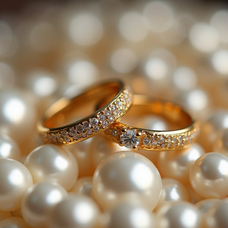 Wedding rings on a background of pearls close-upの素材