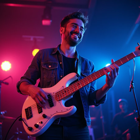 Young man playing guitar on stage in nightclub. He is smiling.の素材