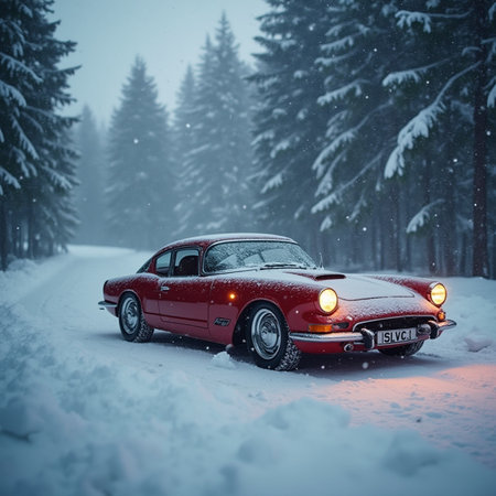 Red retro car on the road in the winter forest. Snowfall.の素材