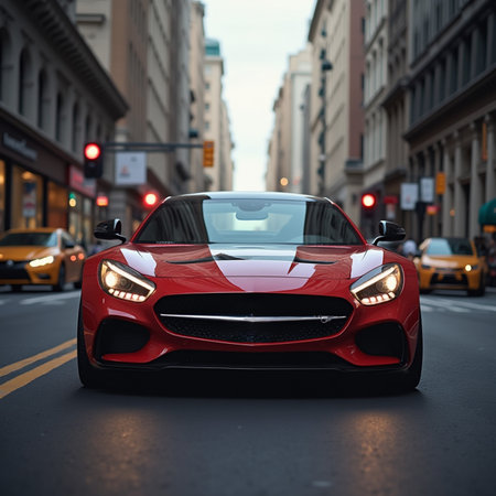 The rear view of a red Lamborghini Huracan parked on the streets of Manhattan.の素材