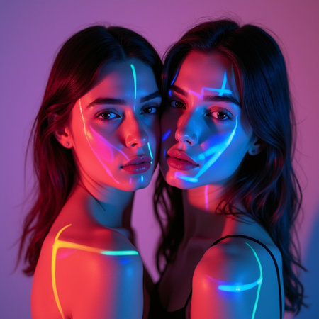 Futuristic portrait of two beautiful women with neon glowing makeup.の素材