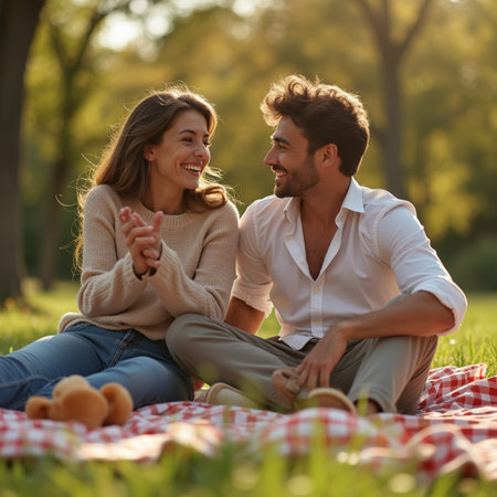 Image of happy young loving couple outdoors in park. Looking aside.の素材