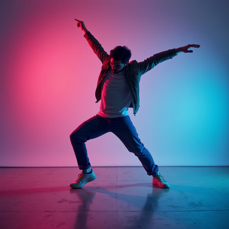 young beautiful dancer posing on studio background in neon light, dancing hip-hopの素材