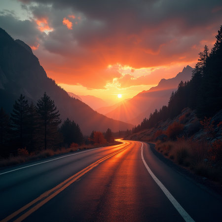Beautiful sunset in the mountains. Road in the mountains. The concept of travel.の素材
